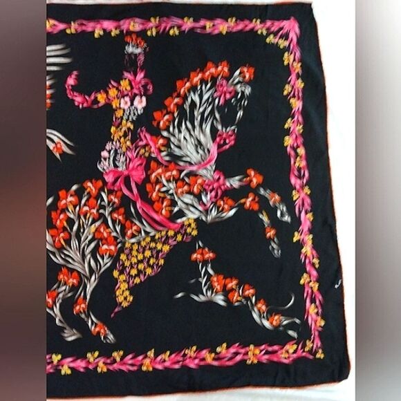 Vintage Floral Black & Pink Silk Scarf Horse Flowers Cheval Fleuri Foulard - Picture 4 of 16